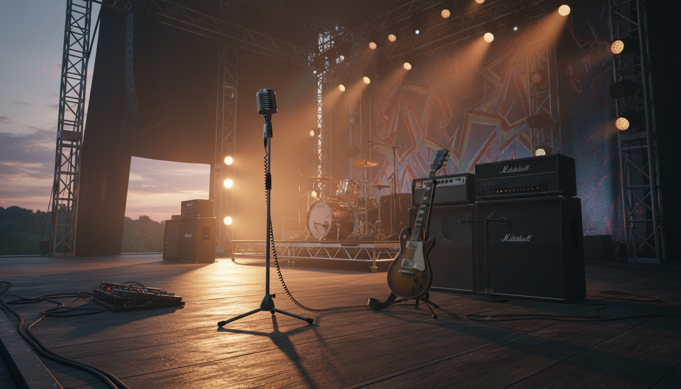 Microfone vintage em palco vazio iluminado por refletores, com guitarra apoiada em amplificador