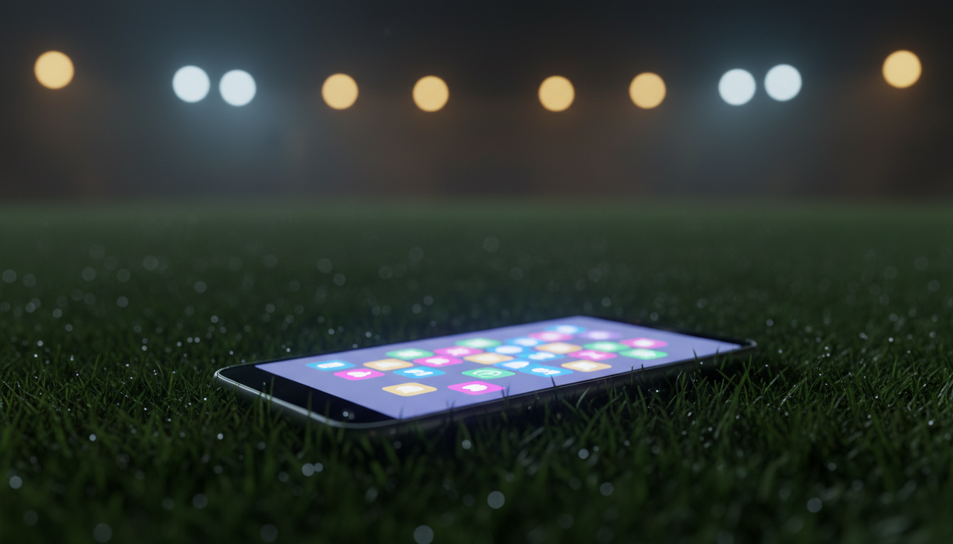 Celular sobre o gramado de um estádio de futebol à noite