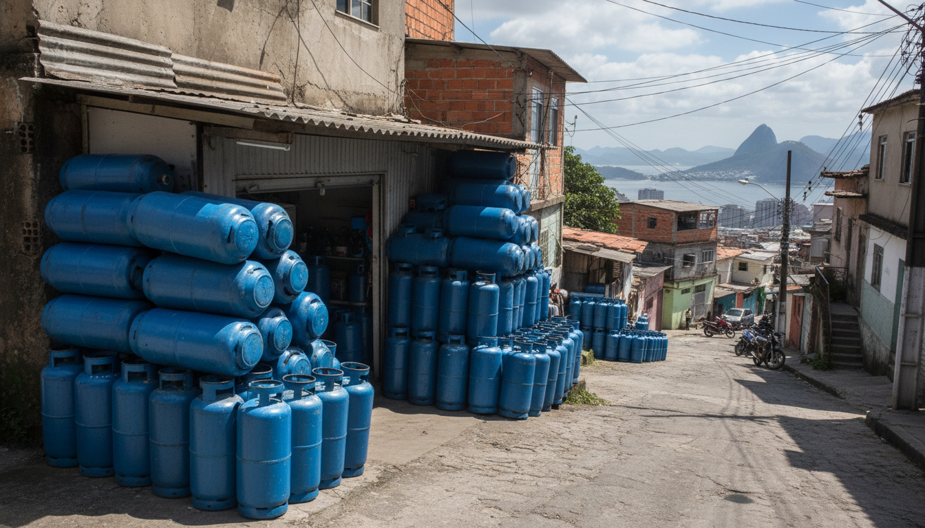 Botijões de gás empilhados em frente a uma revendedora