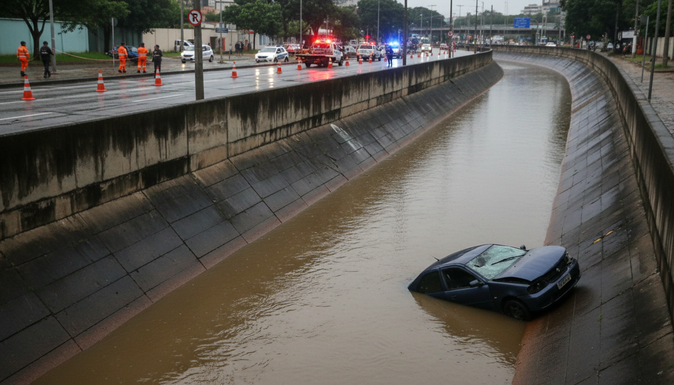 Carro parcialmente submerso em canal de rio urbano