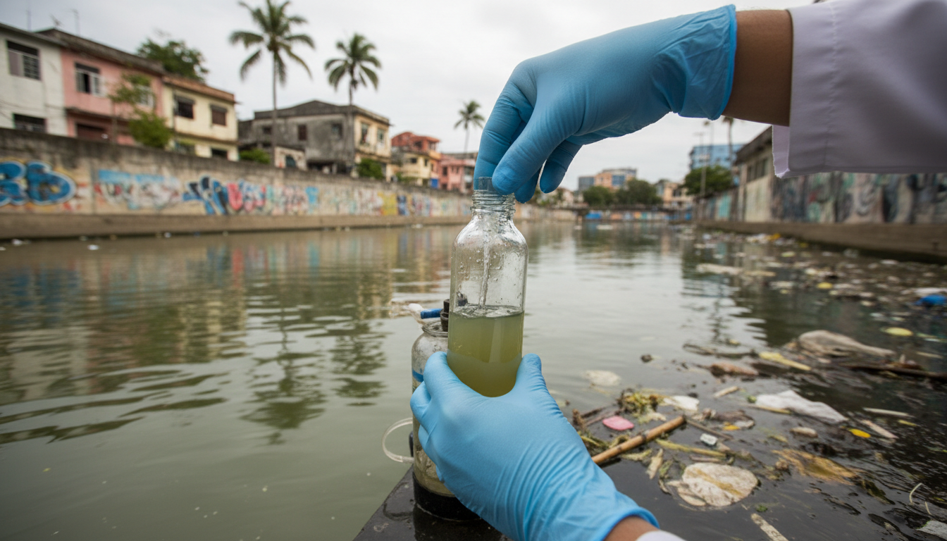 Coleta de amostra de água em rio urbano poluído