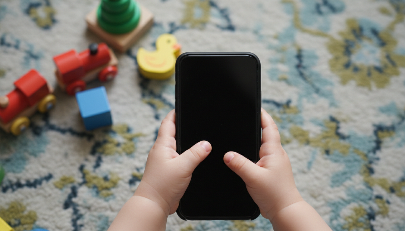 Mãos de criança pequena segurando um celular, cercada de brinquedos