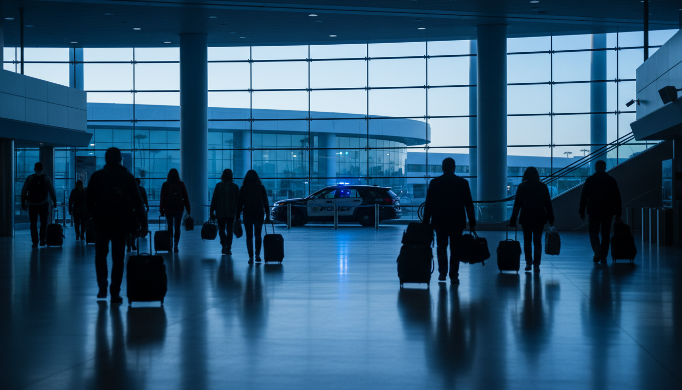 Saguão de desembarque de aeroporto com viajantes ao amanhecer