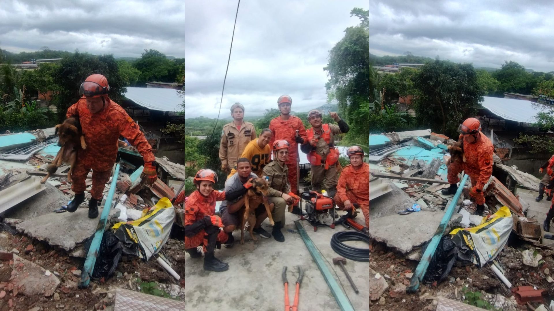 Bombeiros do 3º GBM resgatam o cachorro Romário preso em destroços em Niterói