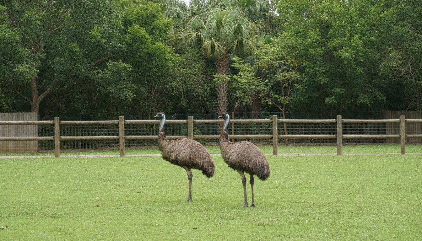 Dois emus em recinto amplo de zoológico (imagem ilustrativa)