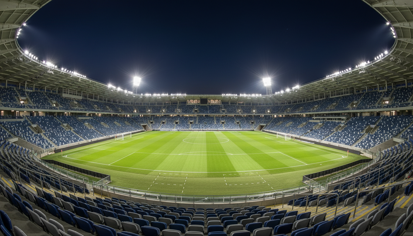 Estádio de futebol iluminado à noite