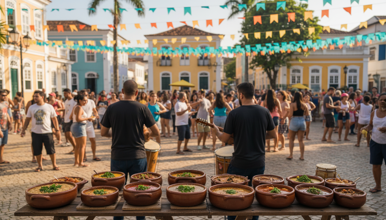 Roda de samba e barracas de comida em praça de bairro