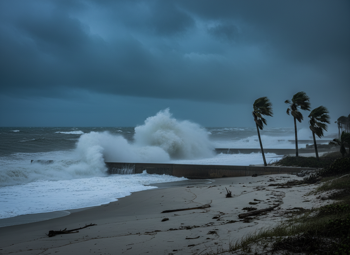 Litoral com ondas fortes, ventania e nuvens carregadas com a aproximação de um furacão