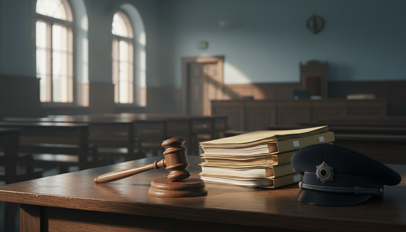Martelo de juiz sobre mesa ao lado de documentos e um quepe, em ambiente de tribunal