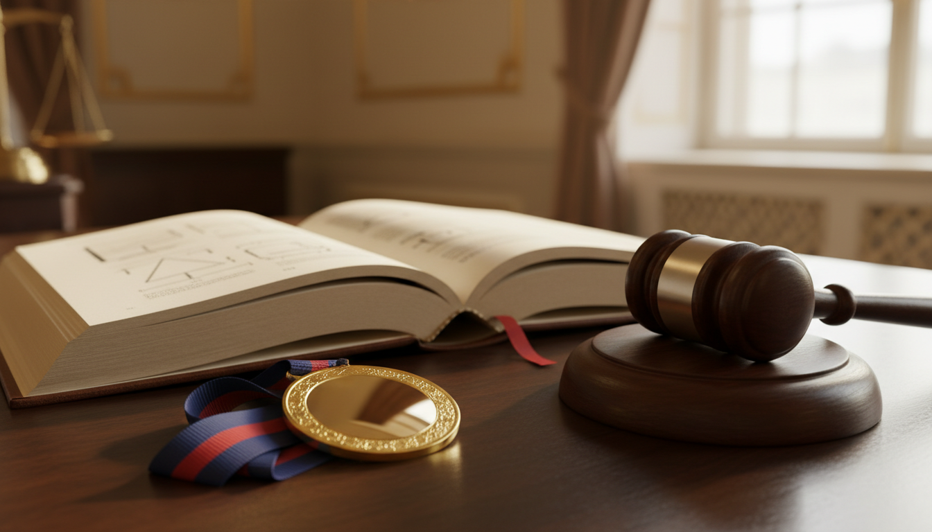 Medalha dourada ao lado de livro de direito e martelo de juiz (imagem ilustrativa)