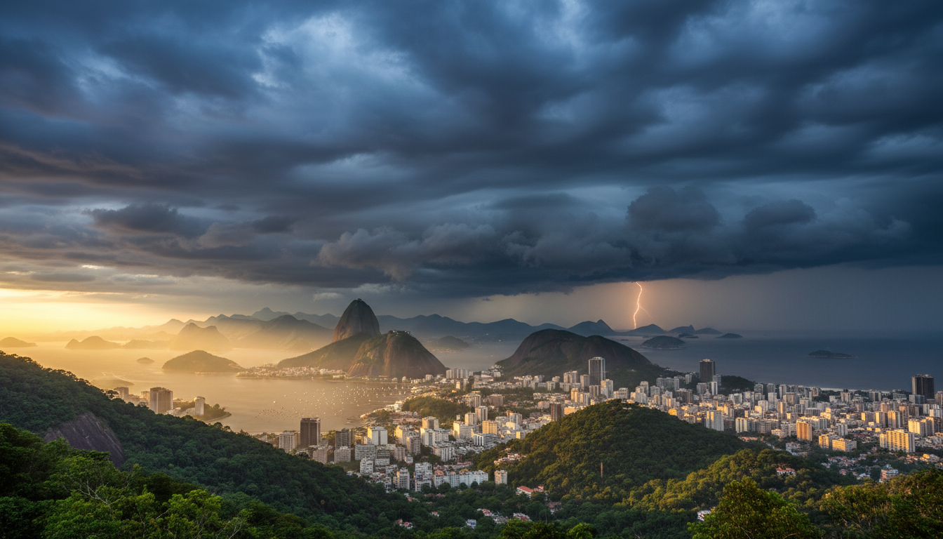 Nuvens carregadas se formando sobre a cidade do Rio de Janeiro em tarde de calor