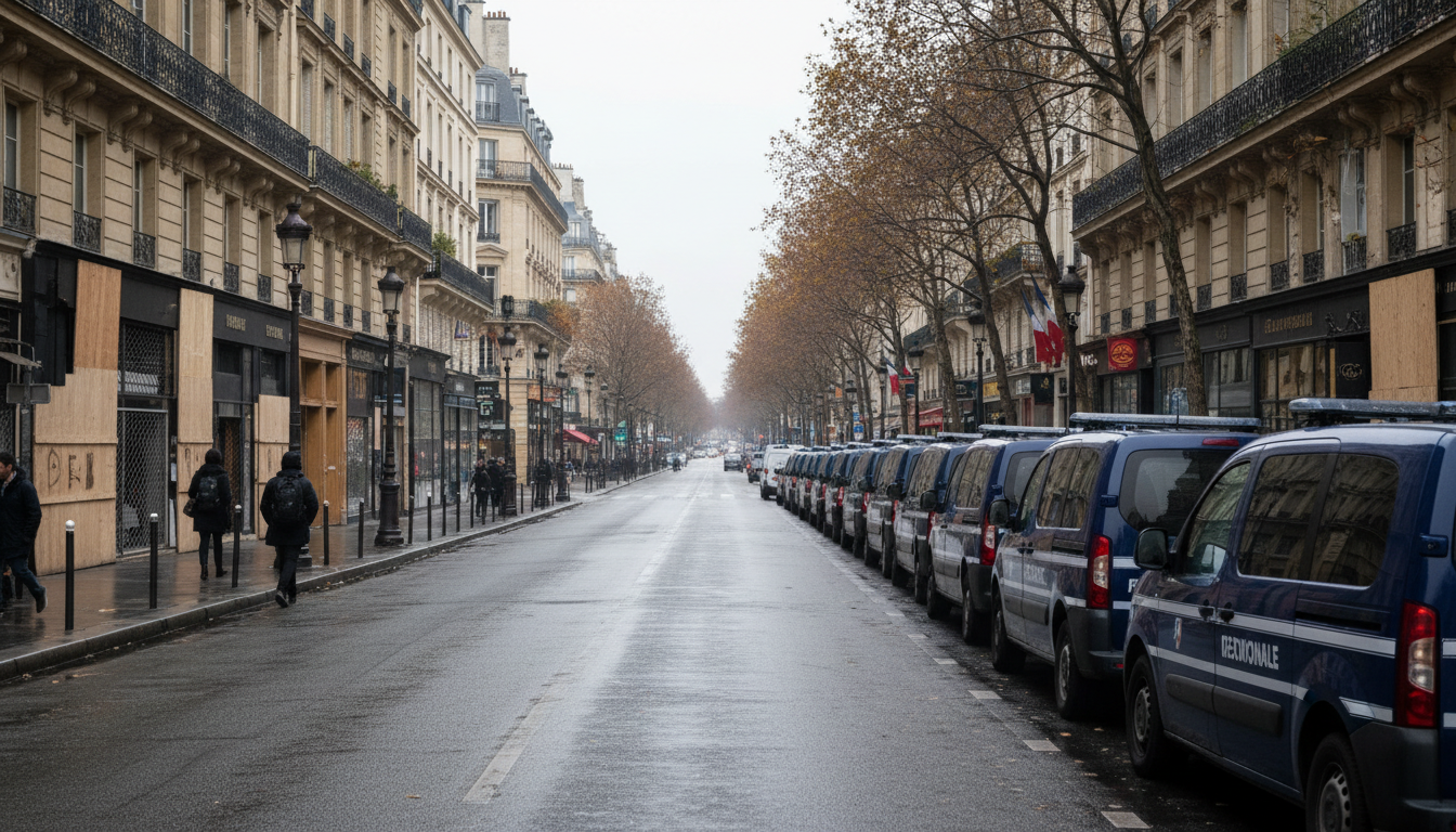 Avenida de Paris com lojas protegidas por tapumes e viaturas policiais estacionadas
