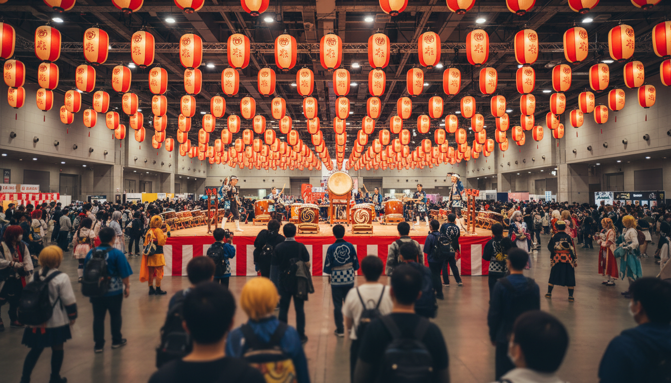 Festival de cultura japonesa com lanternas e tambores taiko (imagem ilustrativa)