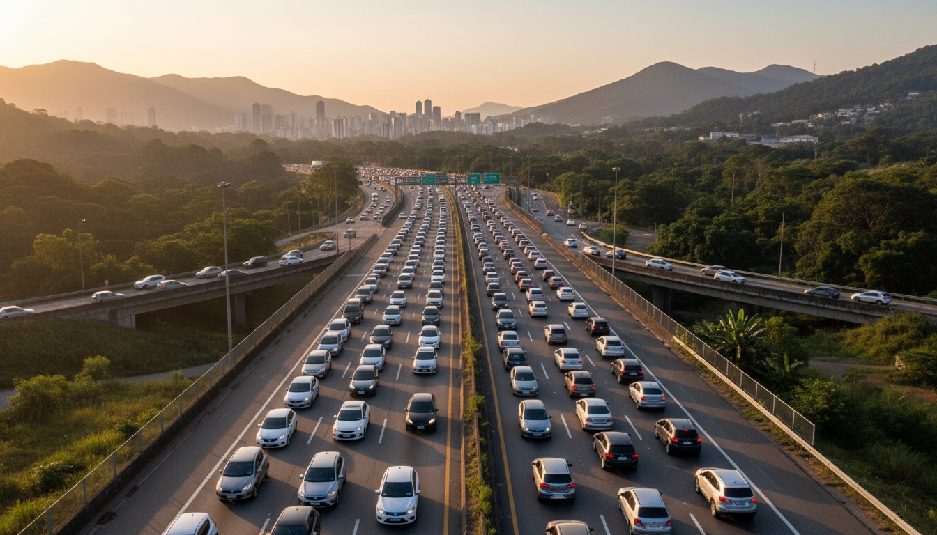 Rodovia movimentada com carros em feriado prolongado